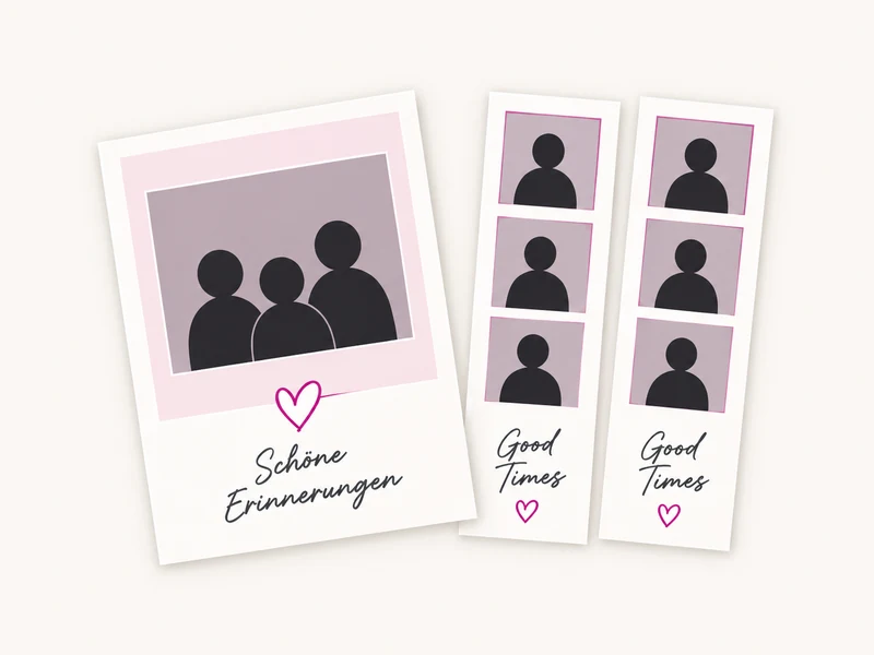 Illustration eines Postkartenformats und zweier Fotostreifen